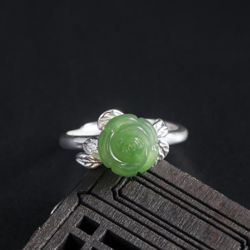 925 Silver Jade Green Rose Luck Ring