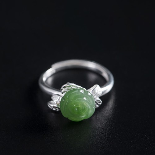 925 Silver Jade Green Rose Luck Ring