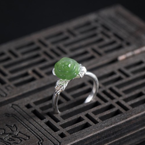 925 Silver Jade Green Rose Luck Ring