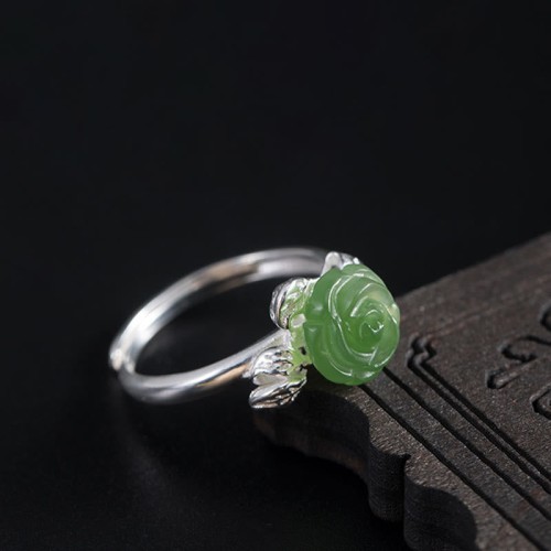 925 Silver Jade Green Rose Luck Ring
