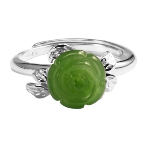 925 Silver Jade Green Rose Luck Ring