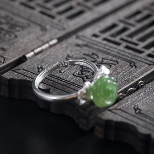 925 Silver Jade Green Rose Luck Ring