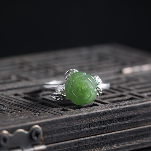 925 Silver Jade Green Rose Luck Ring