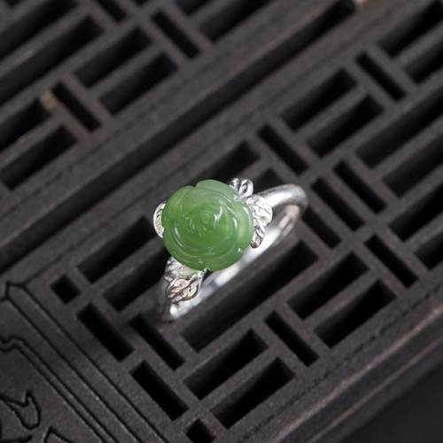 925 Silver Jade Green Rose Luck Ring