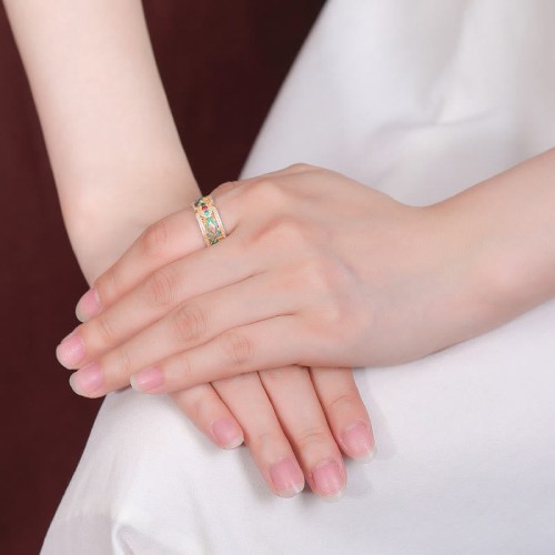 999 Sterling Silver Enamel Feather Calm Ring
