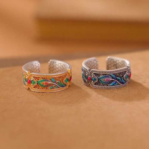 999 Sterling Silver Enamel Feather Calm Ring