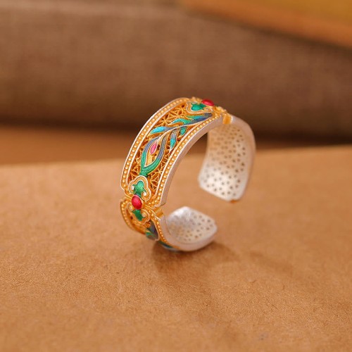 999 Sterling Silver Enamel Feather Calm Ring
