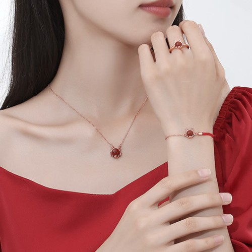 Flash Sale-925 Silver Year of the Dragon Cinnabar Red Agate Ring Set