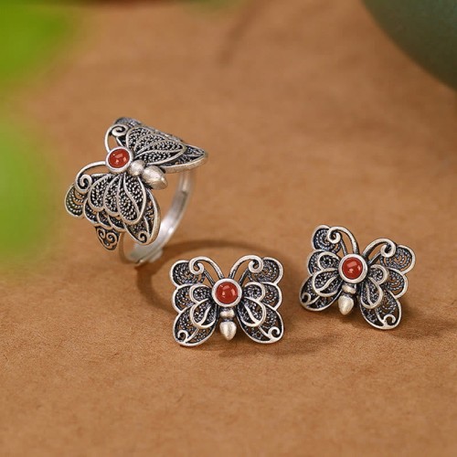 925 Sterling Silver Red Agate Butterfly Set