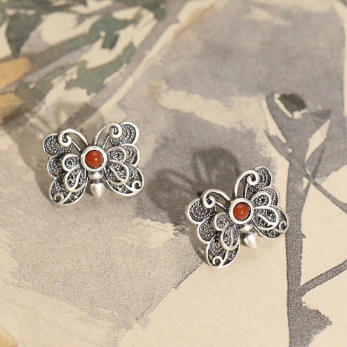 925 Sterling Silver Red Agate Butterfly Set