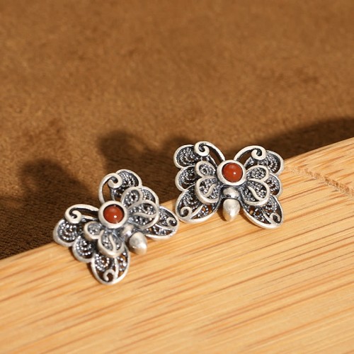 925 Sterling Silver Red Agate Butterfly Set