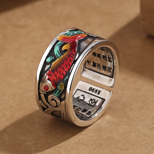 Blue Enamel Koi Heart Sutra Success Ring