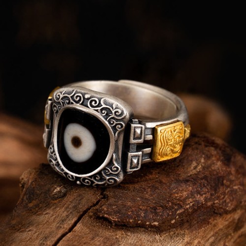925 Silver Zakiram Goddess Dzi Bead Protection Ring