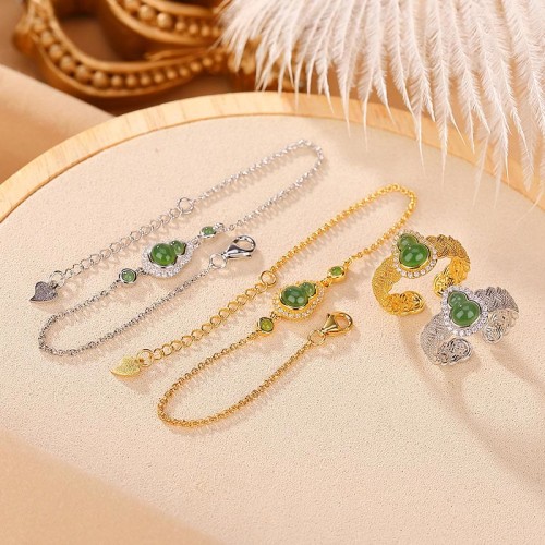 925 Sterling Silver Hetian Cyan Jade Gourd Luck Set 925 Sterling Silver Hetian Cyan Jade Gourd Luck Set