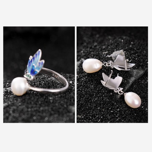 925 Silver Pearl Butterfly Healing Necklace & Earrings Ring