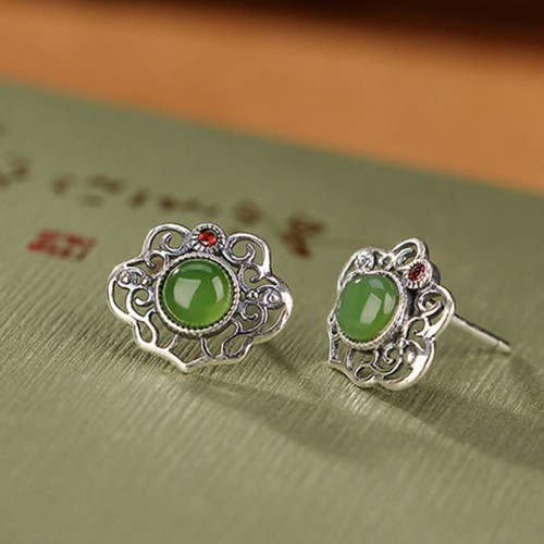 925 Silver Hetian Cyan Jade Luck Earrings Set