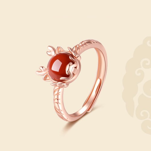 Flash Sale-925 Silver Year of the Dragon Cinnabar Red Agate Ring Set