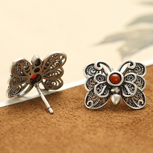 925 Sterling Silver Red Agate Butterfly Set