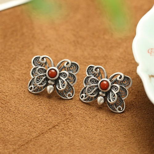 925 Sterling Silver Red Agate Butterfly Set