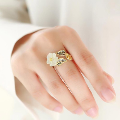 925 Silver Plated Copper White Jade Luck Ring