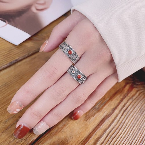 925 Sterling Silver Red Agate Logical Thinking Ring