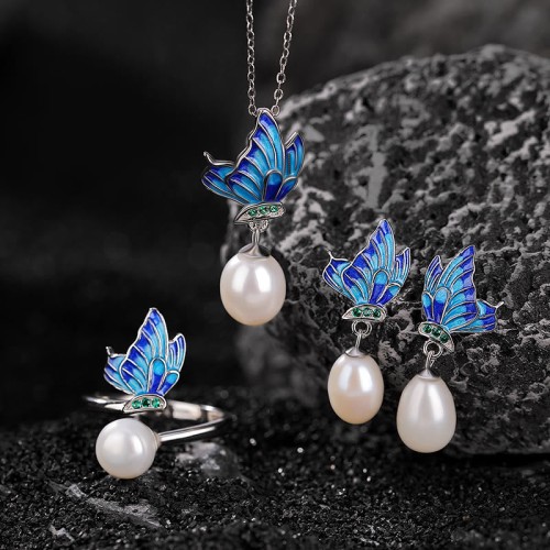 925 Silver Pearl Butterfly Healing Necklace & Earrings Ring