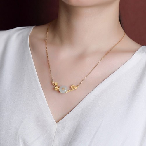 925 Sterling Silver Hetian Jade Plum Blossom Luck Set 925 Sterling Silver Hetian Jade Plum Blossom Luck Set