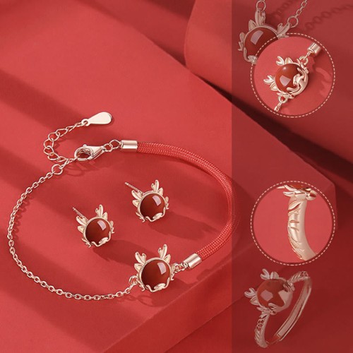 Flash Sale-925 Silver Year of the Dragon Cinnabar Red Agate Ring Set