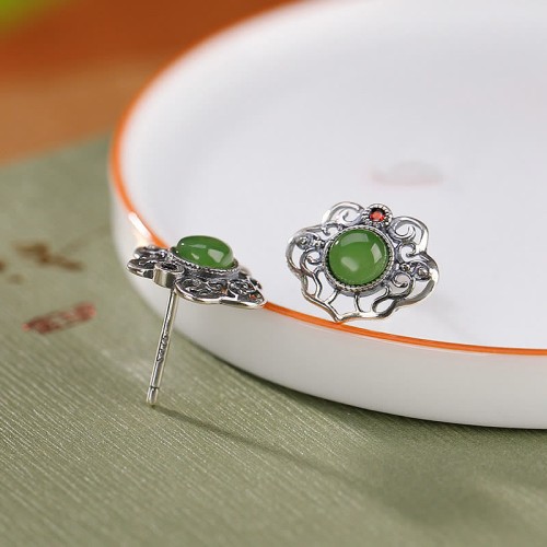 925 Silver Hetian Cyan Jade Luck Earrings Set