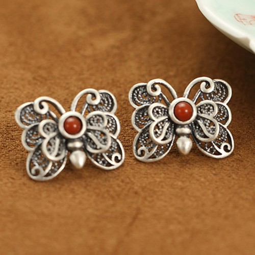 925 Sterling Silver Red Agate Butterfly Set