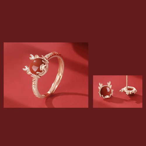 Flash Sale-925 Silver Year of the Dragon Cinnabar Red Agate Ring Set