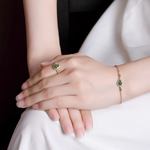 925 Sterling Silver Hetian Cyan Jade Gourd Luck Set 925 Sterling Silver Hetian Cyan Jade Gourd Luck Set
