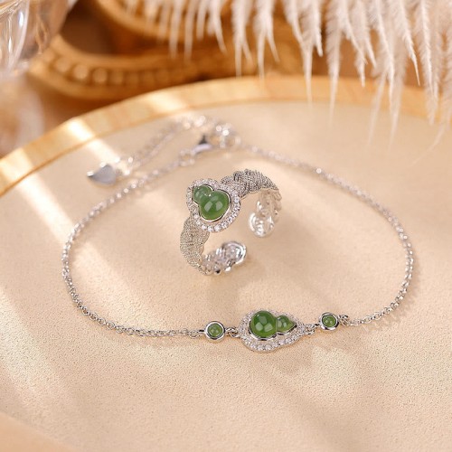 925 Sterling Silver Hetian Cyan Jade Gourd Luck Set 925 Sterling Silver Hetian Cyan Jade Gourd Luck Set