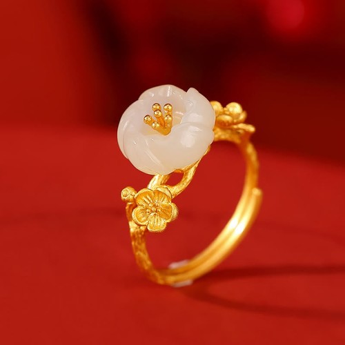 925 Sterling Silver Hetian Jade Plum Blossom Luck Set 925 Sterling Silver Hetian Jade Plum Blossom Luck Set