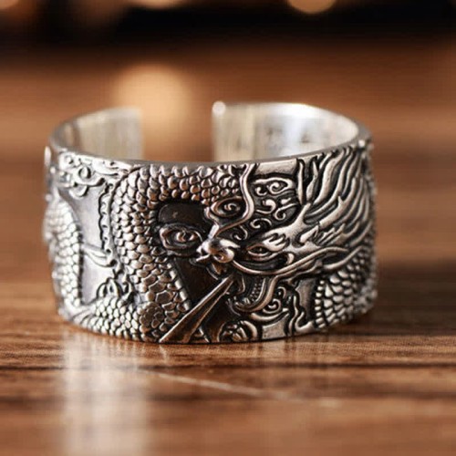 999 Sterling Silver Dragon Carved Protection Ring