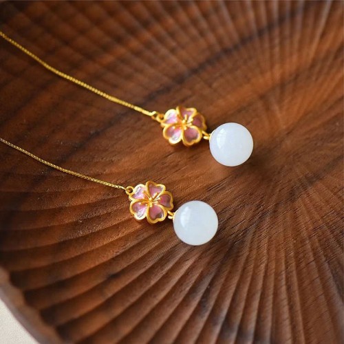 925 Silver Hetian Jade Cherry Blossom Luck Set