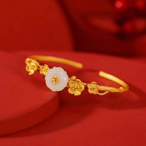 925 Sterling Silver Hetian Jade Plum Blossom Luck Set 925 Sterling Silver Hetian Jade Plum Blossom Luck Set