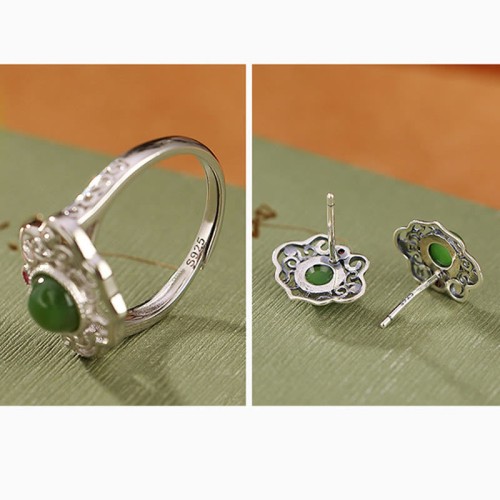 925 Silver Hetian Cyan Jade Luck Earrings Set