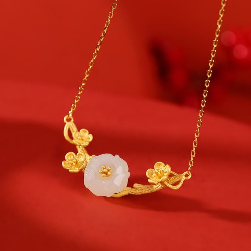 925 Sterling Silver Hetian Jade Plum Blossom Luck Set 925 Sterling Silver Hetian Jade Plum Blossom Luck Set