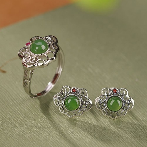925 Silver Hetian Cyan Jade Luck Earrings Set