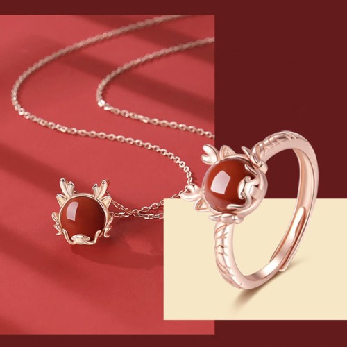 Flash Sale-925 Silver Year of the Dragon Cinnabar Red Agate Ring Set