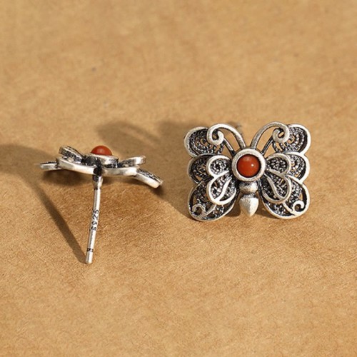 925 Sterling Silver Red Agate Butterfly Set