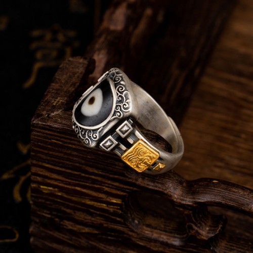 925 Silver Zakiram Goddess Dzi Bead Protection Ring