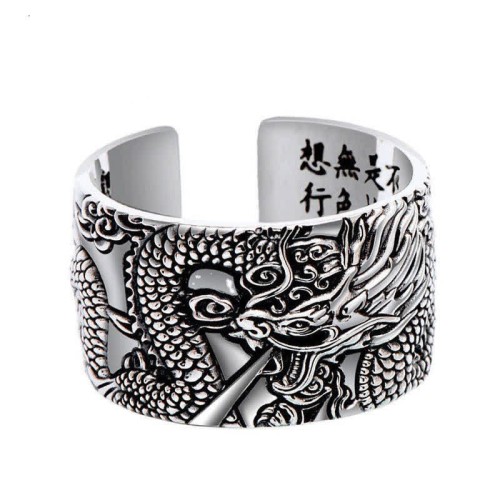 999 Sterling Silver Dragon Carved Protection Ring