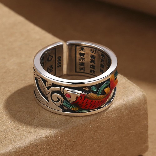 Blue Enamel Koi Heart Sutra Success Ring