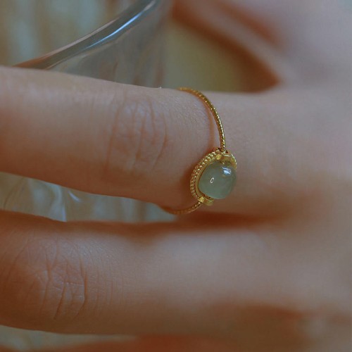 14K Gold Plated Round Jade Luck Ring