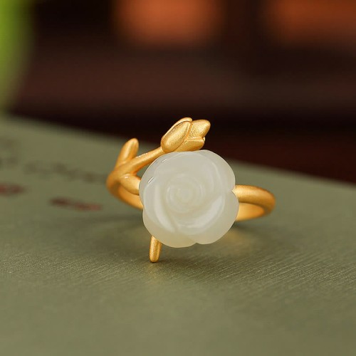 925 Sterling Silver Gold Rose Hetian Jade Happiness Ring 925 Sterling Silver Gold Rose Hetian Jade Happiness Ring