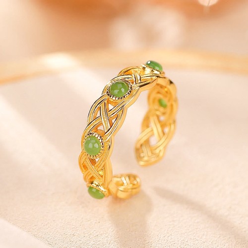 925 Sterling Silver Gold Braided Cyan Jade Ring