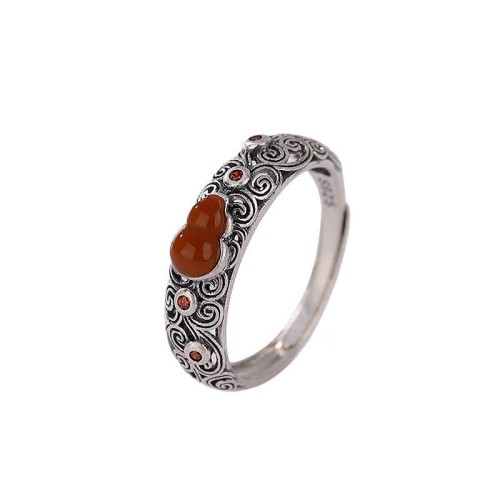 925 Silver Red Agate Cyan Jade Gourd Ring