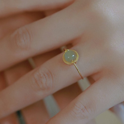 14K Gold Plated Round Jade Luck Ring